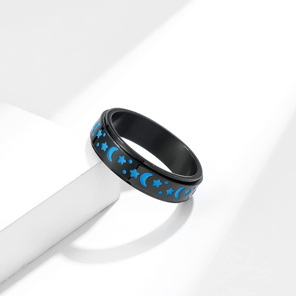 Stainless Steel Spinner Ring Luminous Glow Moon and Star Fidget Stress Relief Anxiety Rings for Women Men Size 4-12