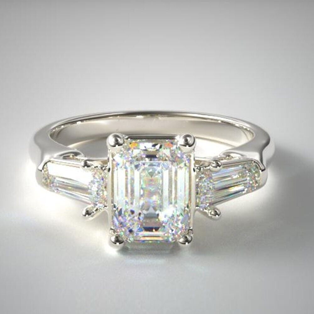 2.20Ct Emerald Cut VVS1/D Diamond Three Stone Women's Wedding Ring Solid 14k White Gold