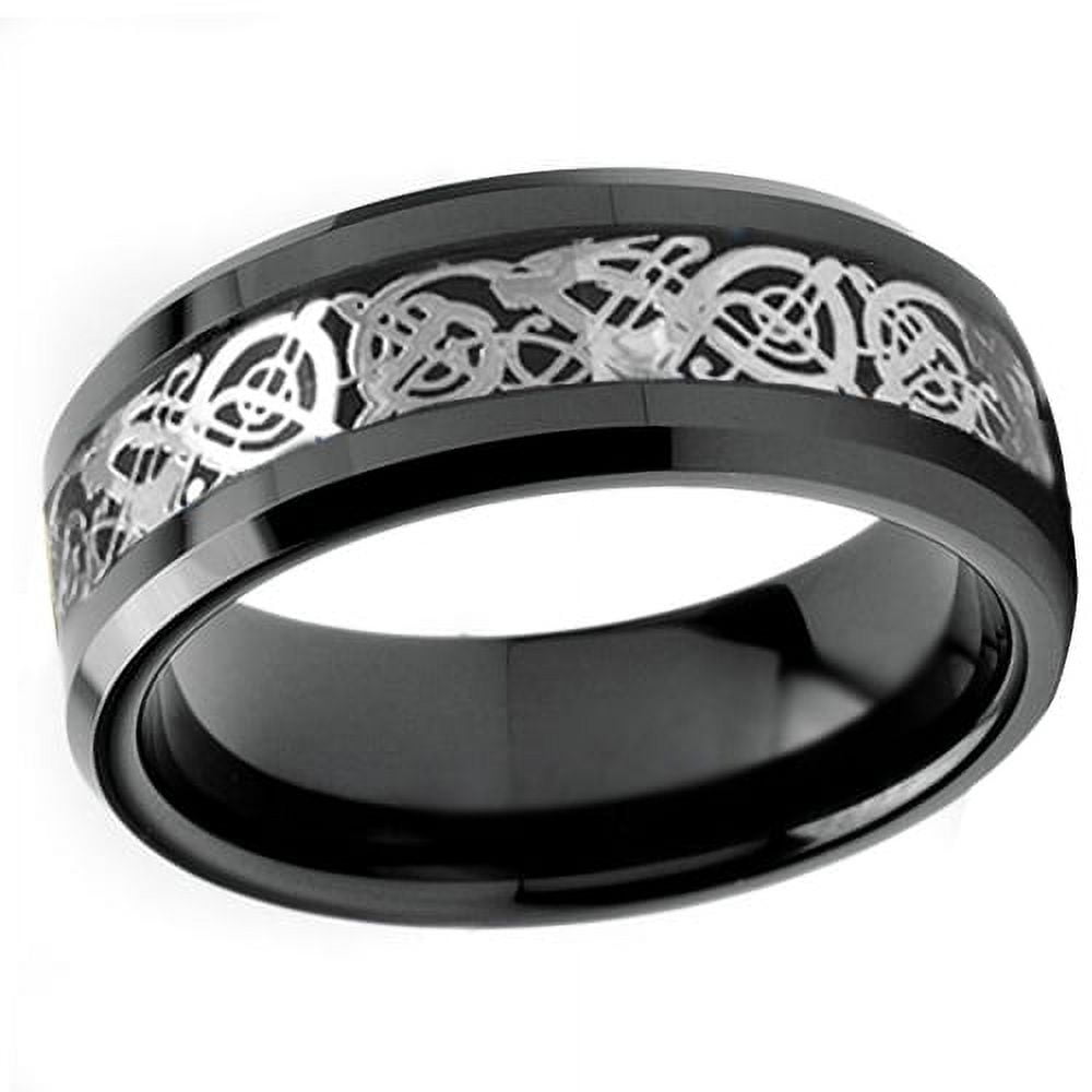 Tungsten Wedding Band Ring 8mm Men's Engagement Black & Silver Celtic Dragon Black Carbon Fiber Inlay