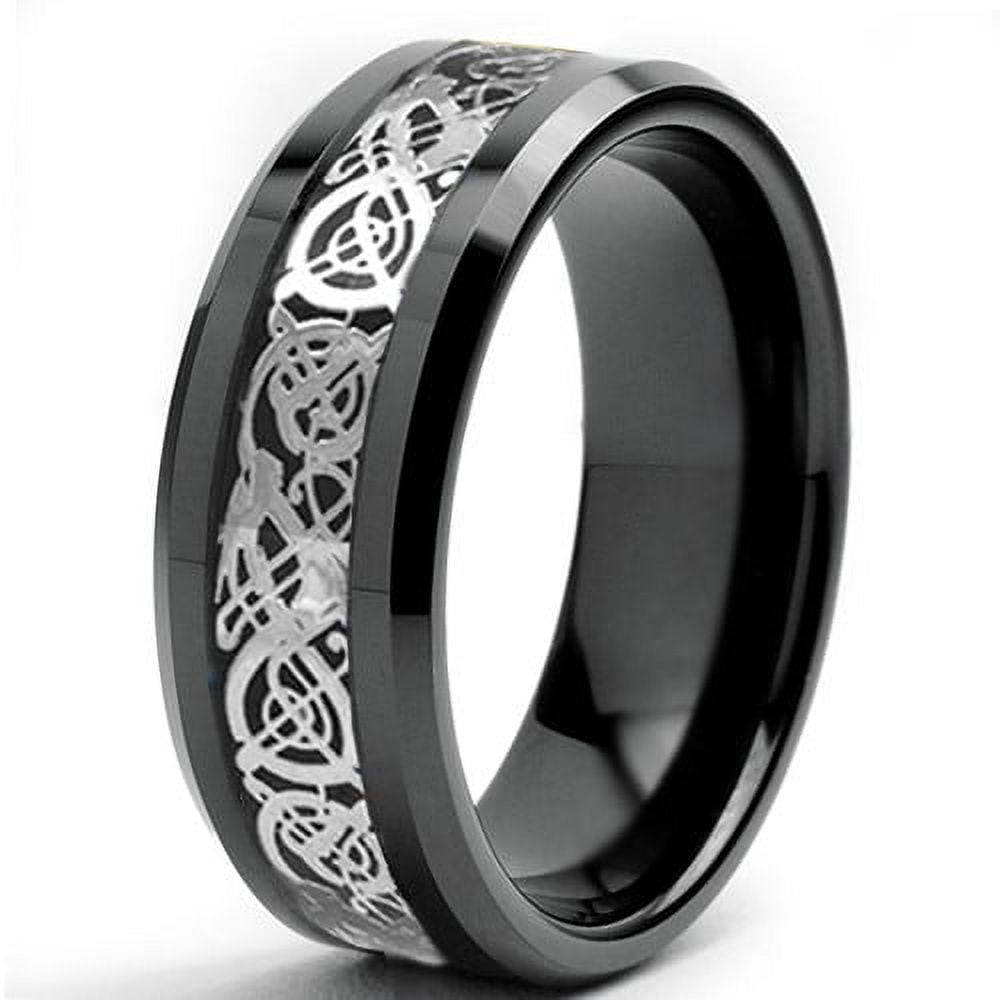 Tungsten Wedding Band Ring 8mm Men's Engagement Black & Silver Celtic Dragon Black Carbon Fiber Inlay