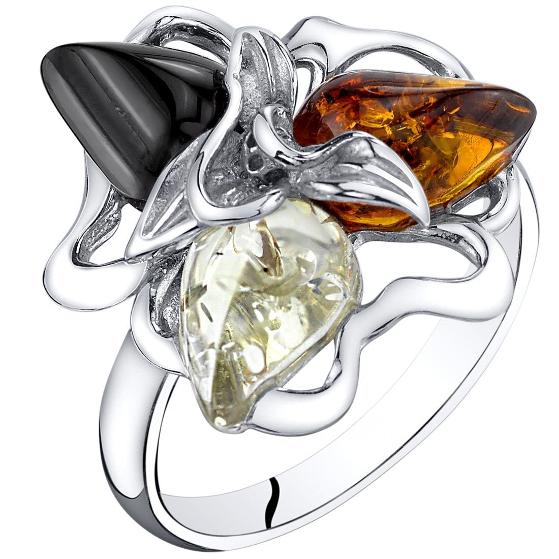 PEORA Genuine Baltic Amber Star Leaf Ring for Women 925 Sterling Silver, Multiple Colors, Size 8, Real Baltic Amber Ring for Adults, 100% Natural from Baltic Region