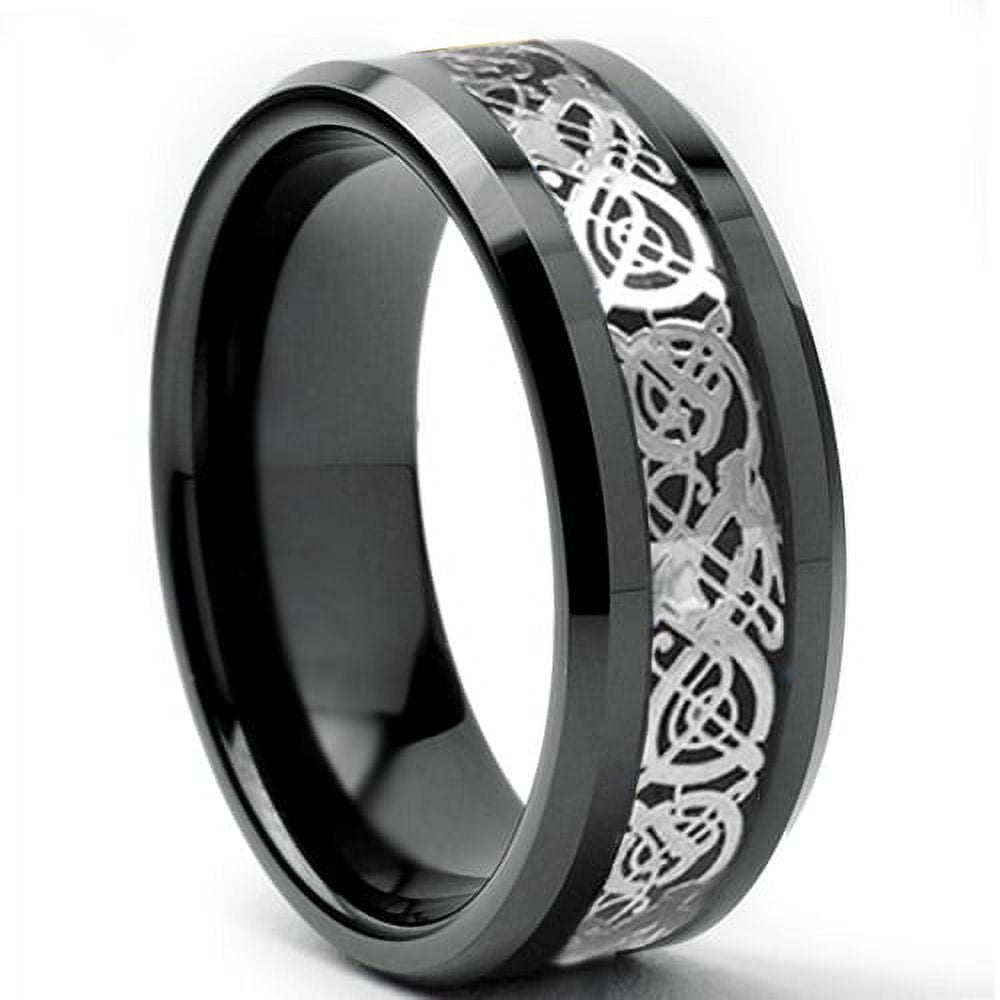 Tungsten Wedding Band Ring 8mm Men's Engagement Black & Silver Celtic Dragon Black Carbon Fiber Inlay