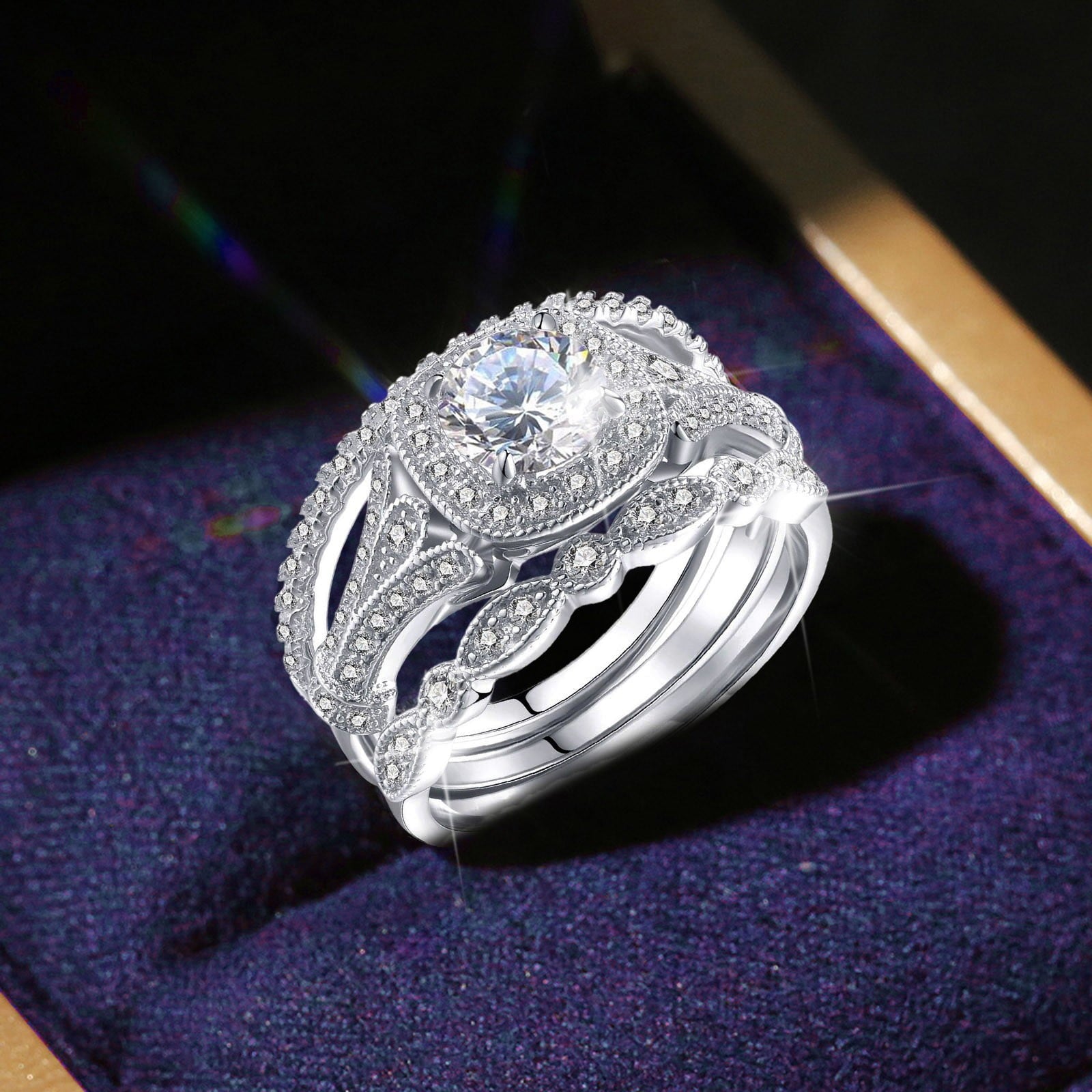 CILENON Gold Filled Ring 3Pc Geometry Silver Rhinestone Cubic Zirconia Bridal Geometry Rhinestone Engagement Ring Full Diamond Zirconia Solitaire Ring 5 12 Gold Ring Set Wedding Bands (Silver,7)