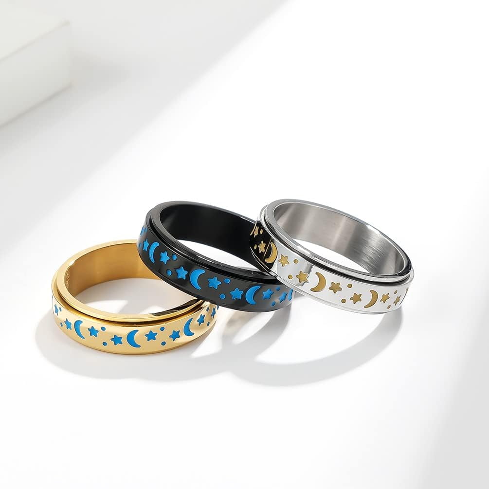 Stainless Steel Spinner Ring Luminous Glow Moon and Star Fidget Stress Relief Anxiety Rings for Women Men Size 4-12